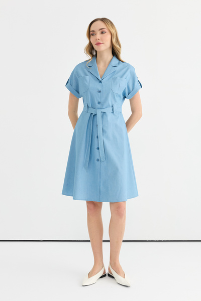 Selen Erkek Yaka Düz Mavi Standart Kadın Elbise 25YSL7642