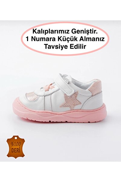lina step Beyaz Hakiki Deri Ortopedik Tabana Dikişli Kız Bebek İlk Adım Ayakkabı