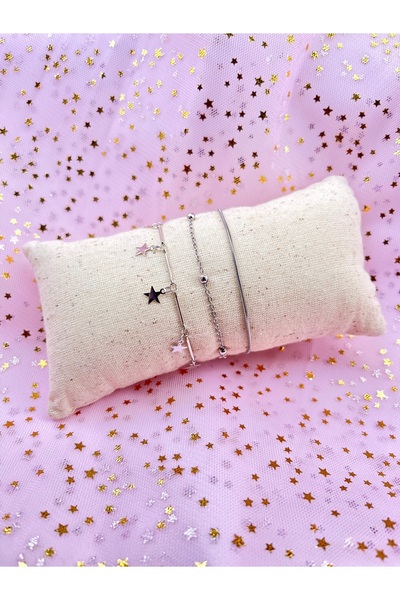 Alexis Carrel 3'lü Kadın Yıldız Bileklik Seti – Gümüş Renk Dorika Boncuklu Kombin Takı / Kombin Bileklik Takım