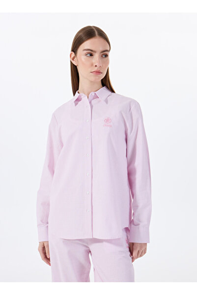 Jeep Relaxed Gömlek Yaka Çizgili Pembe Kadın Gömlek J5SL-GML7002