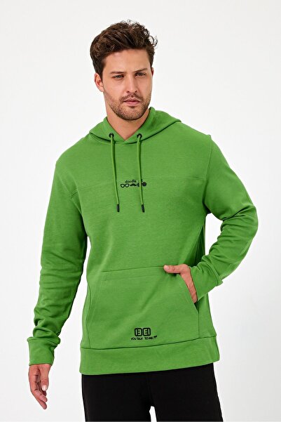 CLIPMAN Πράσινο ανδρικό φούτερ - κανονική εφαρμογή, κουκούλα, στάμπα με 2 κλωστές