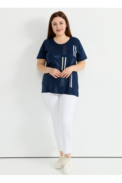 Selen V Yaka Taşlı Lacivert Kadın Bluz 25YSL8085-BB