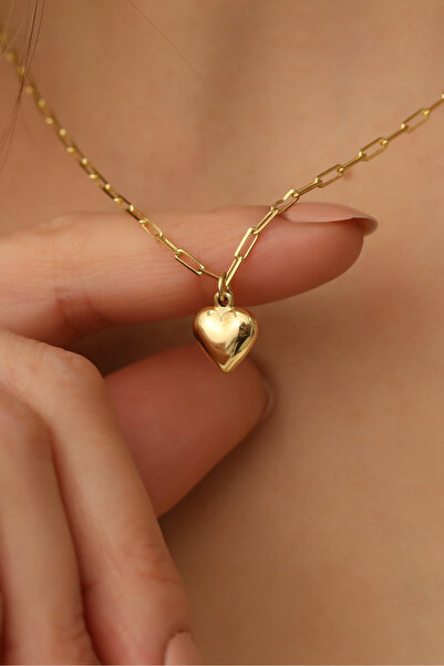 Nox Jewelry 925 Ayar Gümüş Ataç Zincirli Bombeli Kalp Kolye Gold-CN00126