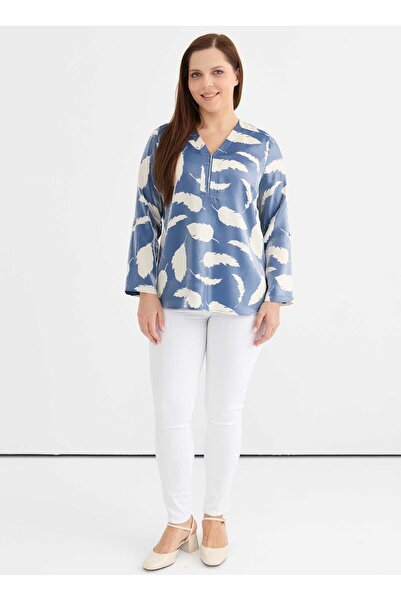 Selen V Yaka Emprime Mavi Kadın Bluz 25YSL8131