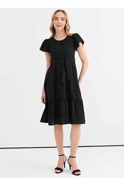 Selen O Yaka Desenli Siyah Standart Kadın Elbise 25YSL7622