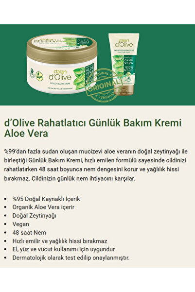 Dalan D’olive Rahatlatıcı Organik Aloe Vera 250 ml Günlük Bakım Kremi 60 ml H...