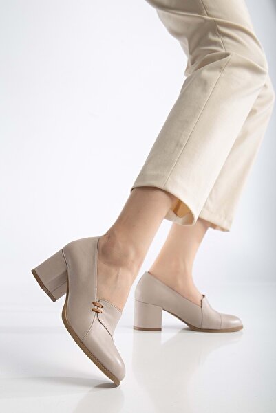 ANALİN SHOES Women's Genuine Leather Piping Heeled Shoes - Silvergrey