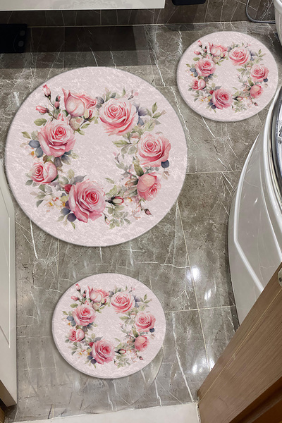 Evperest Gül Desenli Banyo Paspas Seti