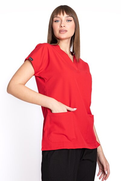 VİZYON UNIFORM Premium Lycra Kırmızı Tek Üst Hemşire Forması Cerrahi forma, s...