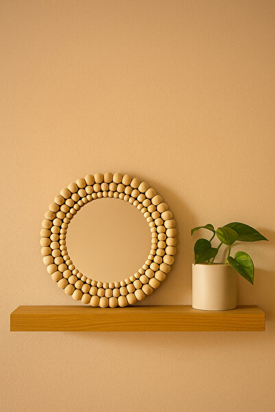 Boncukafası Ahşap Boncuklu Ayna 24 cm , Yuvarlak Ayna, Çocuk Odası Ayna, Kons...