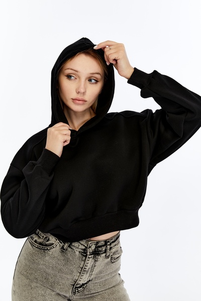 Butik Fhelıa Kadın Siyah Kapüşonlu Içi Pamuklu Oversize Basic Sweatshirt