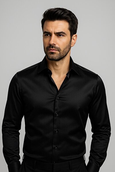 SAVARA قميص رجالي أسود بدون جيوب من قماش الساتان (مع ميزات غير قابلة للتشويش)