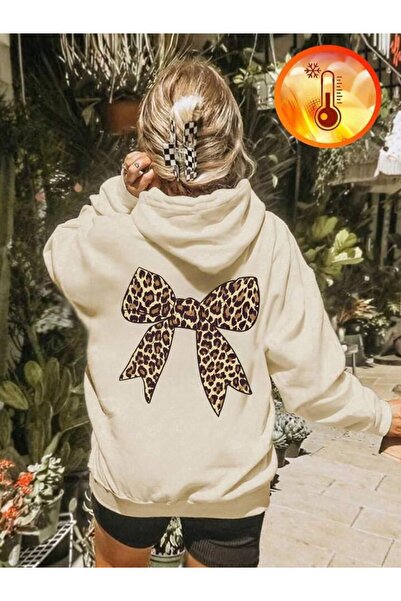trendgar Leopar Fiyonk Sırt Baskılı Bej Kapşonlu Kanguru Cep Sweatshirt Hodie