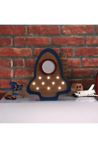 MiniVerse Store MiniVerse Lacivert-Kırmızı-Beyaz Roket Figürlü Doğal Ahşap Ço...