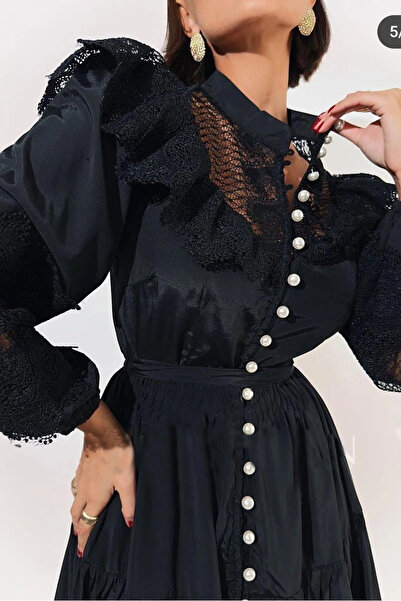 Neşeli Butik Rochie de seara de dama din tesatura din satin negru cu nasturi ...