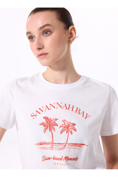 Fabrika Bisiklet Yaka Baskılı Beyaz Kadın T-Shirt F5SL-TST0445