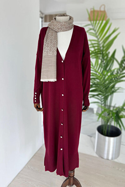 Ka Hijab Maxi Boy Buttoned Mercerized Cardigan - Burgundy