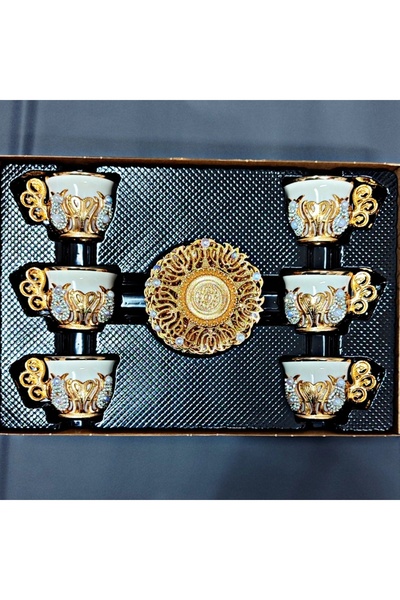 bigiyin Sarı El Yapımı i Kristal Taşlı Kahve Bardağı Seti Kahve Fincanı 6 Kiş...