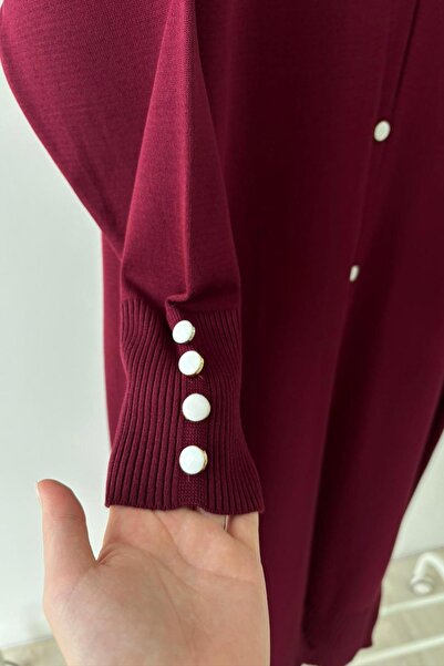 Ka Hijab Maxi Boy Düğmeli Merserize Hırka - Bordo