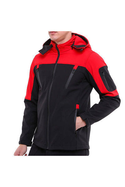 Şengüler Winter Softshell Waterproof Black-Red Fleece Coat