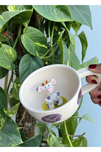 visera Gift Handmade Purple Colored Ceramic Mug with Cow Figure
