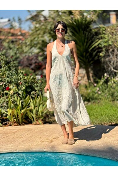 Punta Otantik Nc14968 Italian Neck Tie Backless Linen Dress Cream