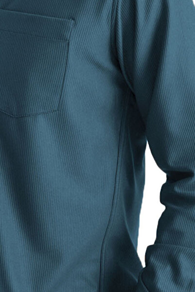 Varetta Men's Shirt Petrol Blue Lycra Long Sleeve Pocket Comfortable Fit Loose Draped Cotton Daily Stylish Model