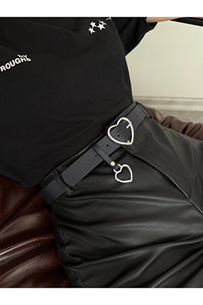 LİA KEMER Silver Belt with Heart Buckle, Jacket Belt, Pants Belt, Casual Belt