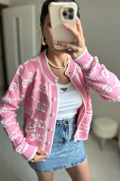 MoyStore Pembe İşlemeli Örme Premium Düğmeli Ceket