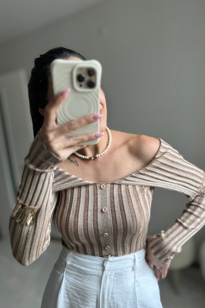MoyStore Fitilli Şal Yaka Triko Bluz Vizon