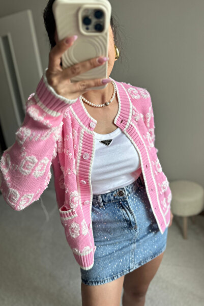 MoyStore Pembe İşlemeli Örme Premium Düğmeli Ceket