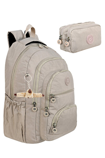 Çanta Trend مجموعة من 2 حقيبة ظهر فاخرة من قماش الكريمة المجعد للمدرسة الثانوية والإعدادية + حامل أقلام، مع هدية سلسلة مفاتيح على شكل قرد