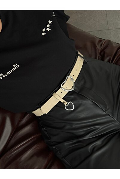 LİA KEMER Silver Belt with Heart Buckle, Jacket Belt, Pants Belt, Casual Belt