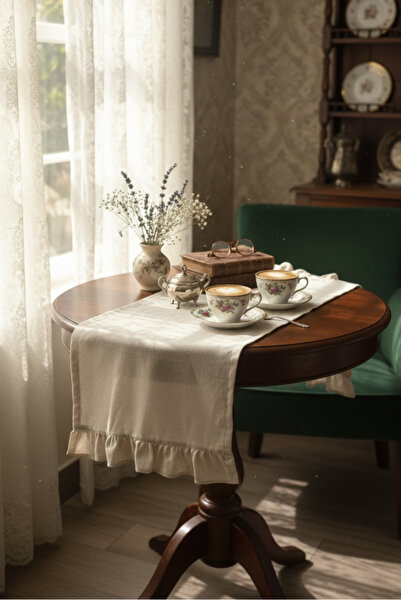 Kayasoft Vintage Fırfırlı Keten Runner – Natural Sehpa ve Masa Örtüsü 40×120 cm