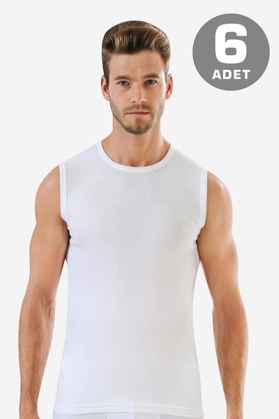 Arma Yıldız 6 Pieces White Sleeveless Men's Athlete Round Neck Zero Sleeve T-Shirt 100% Cotton