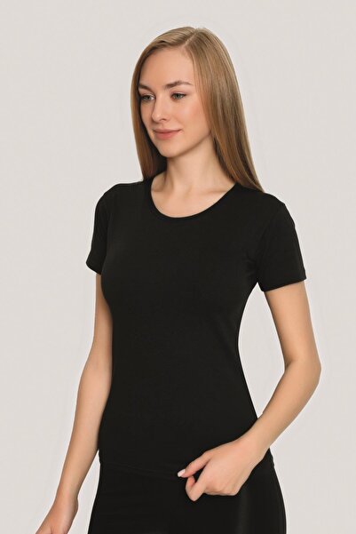 Arma Yıldız Black 2-Piece Women's T-Shirt Lycra Short Sleeve Crew Neck Undershirt