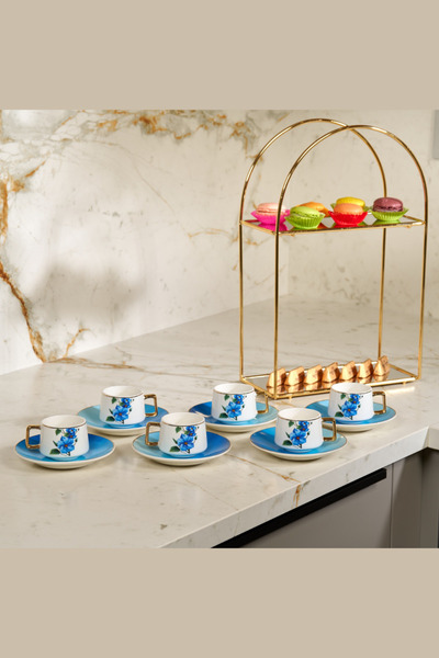Edora Home Turkish Coffee Cup Blue Floral Patterned Gold Handle 6 Person Set 12 Pieces