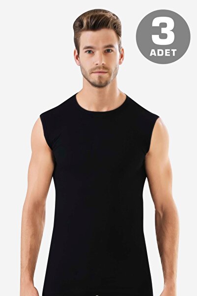 Arma Yıldız Pack of 3 Black Sleeveless Men's Tank Top Round Neck Zero Sleeve T-Shirt 100% Cotton