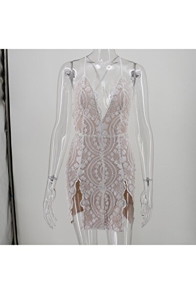 FASHION COCKTAIL Σέξι βραδινό φόρεμα με διπλό σχιστό πίσω σταυρό με παγιέτες