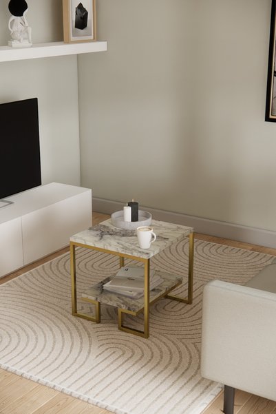 Phobia Solto Home SC25-25 Altın Metal Beyaz Mermer Desen Raf Tasarım Orta Sehpa | Modern Oturma Odası