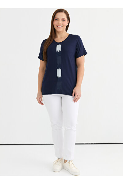 Selen O Yaka Taşlı Lacivert Kadın Bluz 25YSL8088-BB