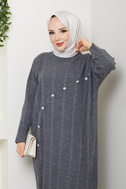 Pamuk Butik Women's Stone Detailed Plus Size Ribbed Long Knitwear Dress