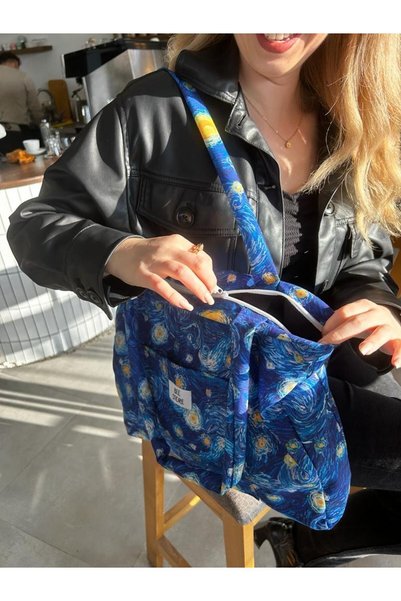 bee store Van Gogh Patterned, Women's, Zippered, Lined, Inner Pocket, Fabric, Arm And Shoulder Bag