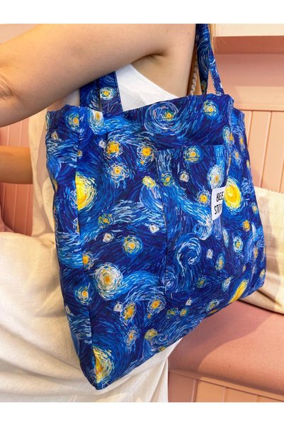 bee store Van Gogh Patterned, Women's, Zippered, Lined, Inner Pocket, Fabric, Arm And Shoulder Bag