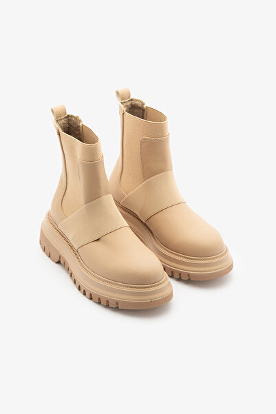 SAYL Γυναικείες μπότες μπεζ με ελαστικές πλευρές και χοντρή σόλα