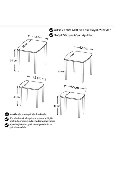 MEDA CONCEPT EYLÜL SERİSİ 1.SINIF SEHPA TAKIMI 4 LÜ MDF ZİGON SEHPA GÜRGEN AYAKLI