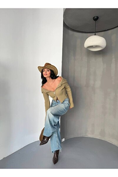 İLKCET MODA Double Zippered Khaki Madonna Collar Knitwear Cardigan