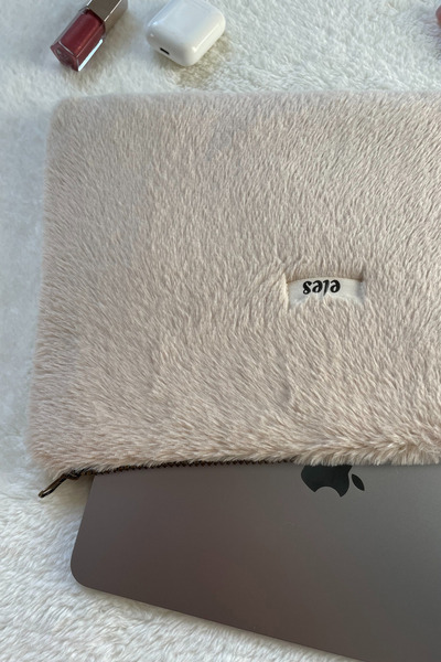 eles Beige Plush Leopard Pattern Tablet Bag, Beige Plush Tablet Case, Plush Tablet Bag