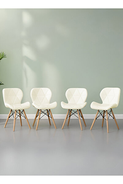 Taimi Pack of 4 Modern Dining Chair, PU Leather Seat, Natural Wood Legs, Scandinavian Design , Beige