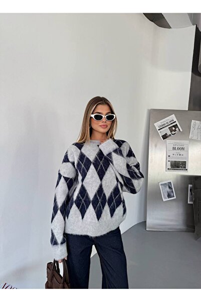 İLKCET MODA Baklava Desenli Oversize Kadın Kazak